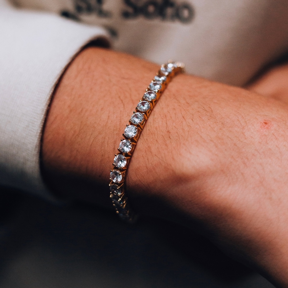 Mens 14K Gold Cz Tennis Chain Bracelet